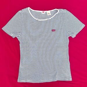Levi's Black and White Striped Tee with Red Logo